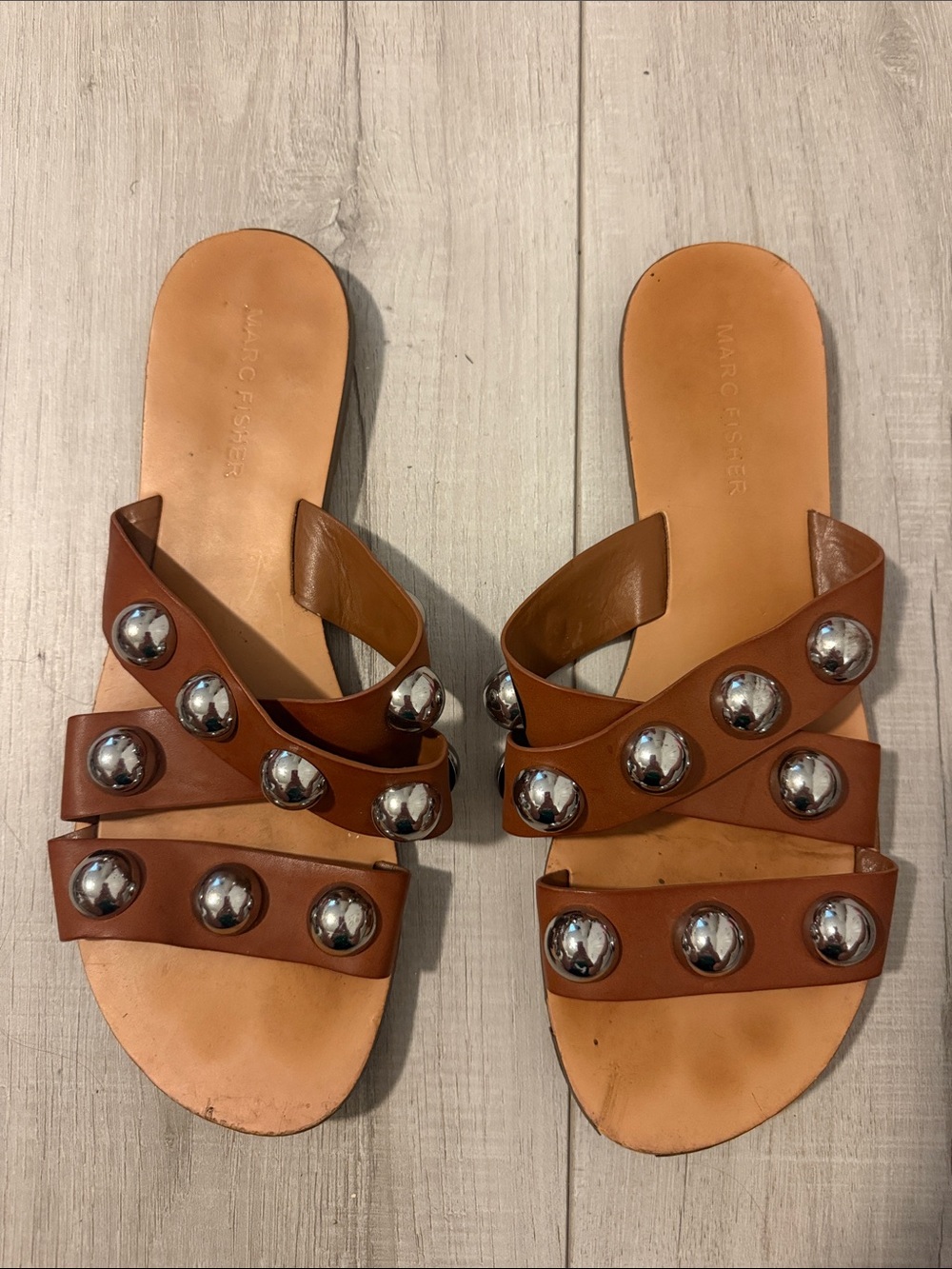 Marc Fisher Brown Leather Studded Slide Sandals with Silver Accents